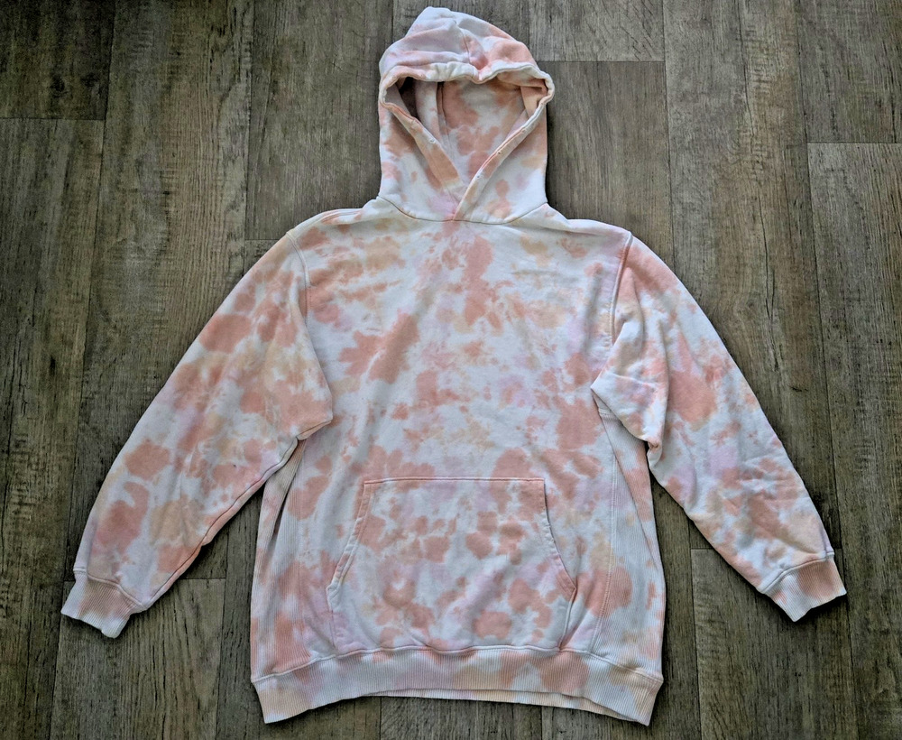 AERIE Hoodie Oversized Sweatshirt Womens M Pink Orange Tie Dye Pocket Distressed